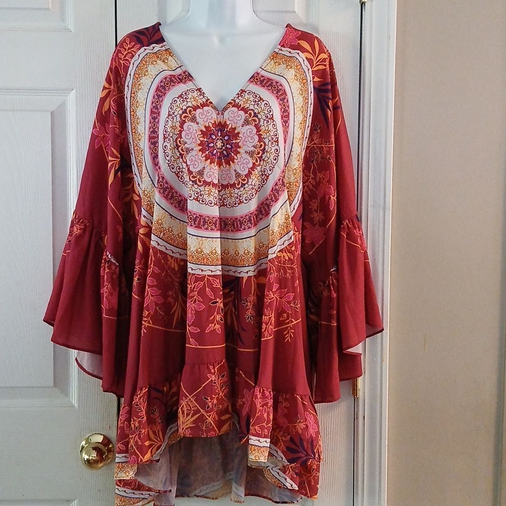 Umgee  boho high low wide bell sleeve V neck  blouse top  Sz 1XL NWOT